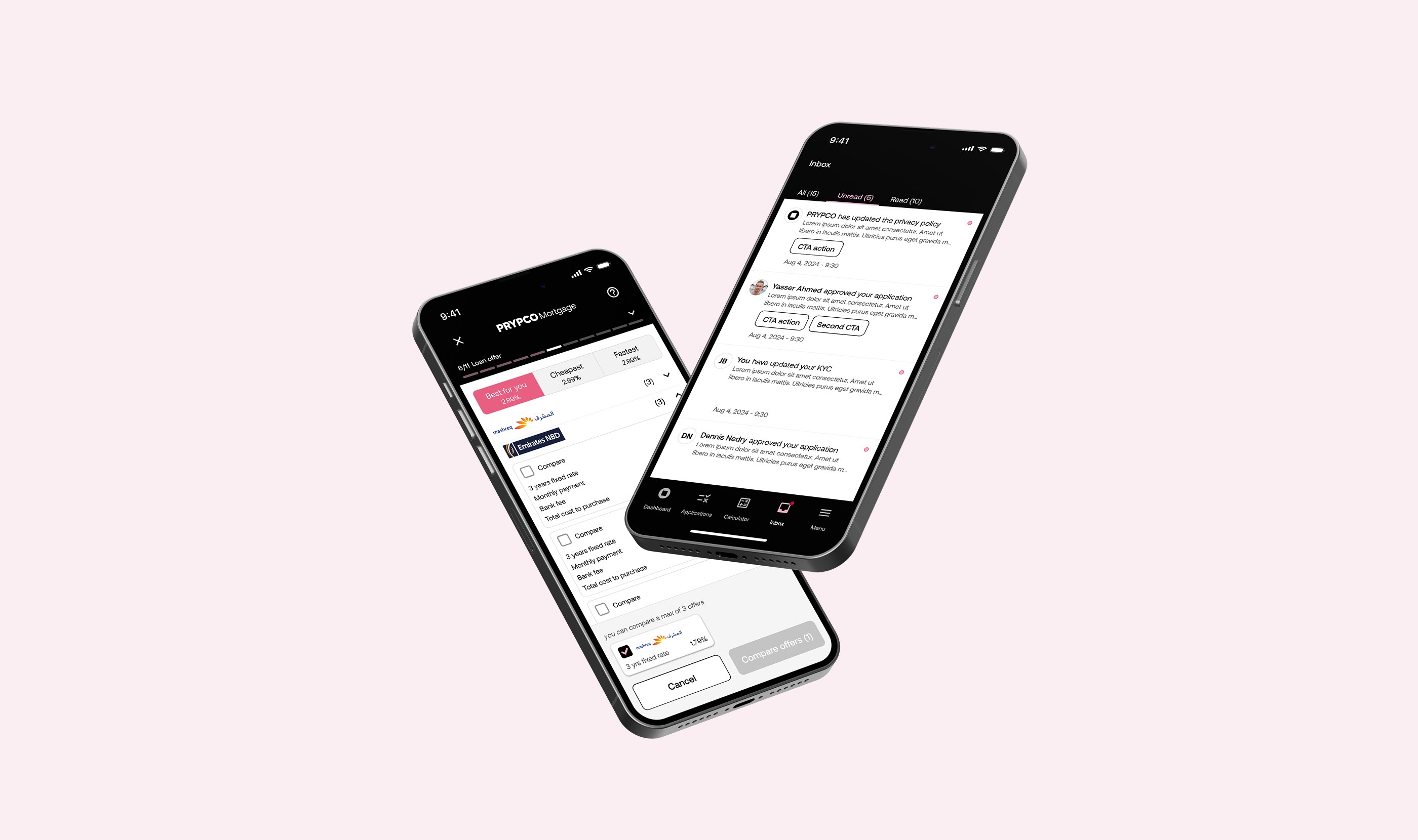 PRYPCO mobile screens for the mortgage flow and inbox