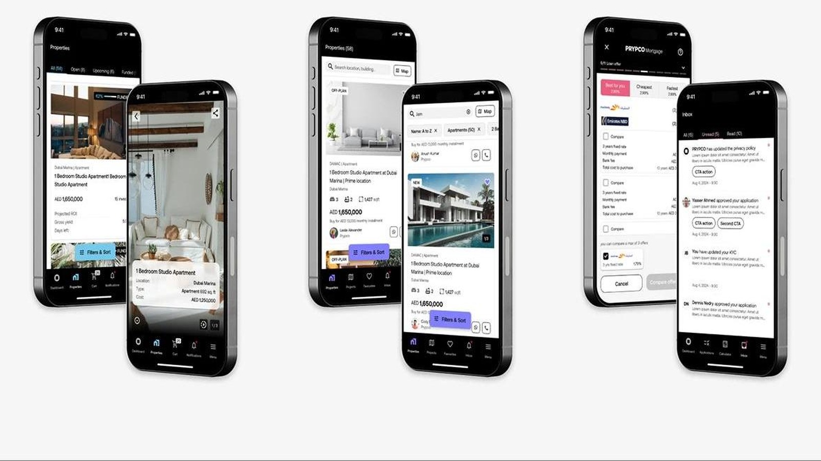 PRYPCO mobile screens across property search, listing and mortgage flows