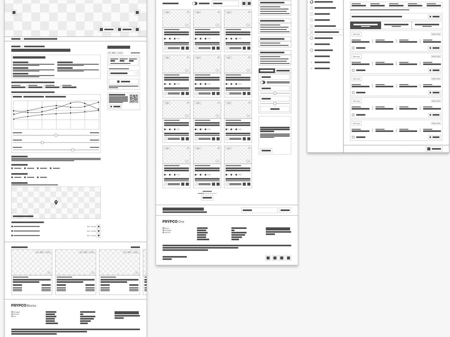 PRYPCO low-fidelity wireframes for Blocks, One and Mortgage